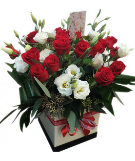 Red roses and White Lisiantus in Box 6