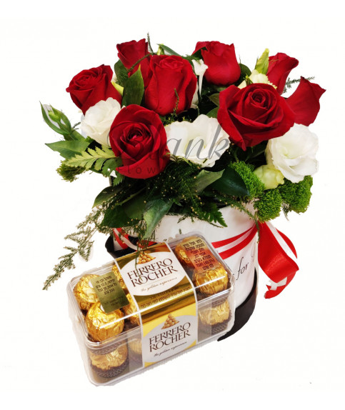 Flowers in box with Ferrero Rocher