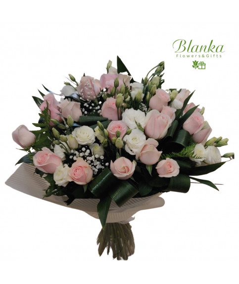 Bouquet Pink Roses And White Lisianthus